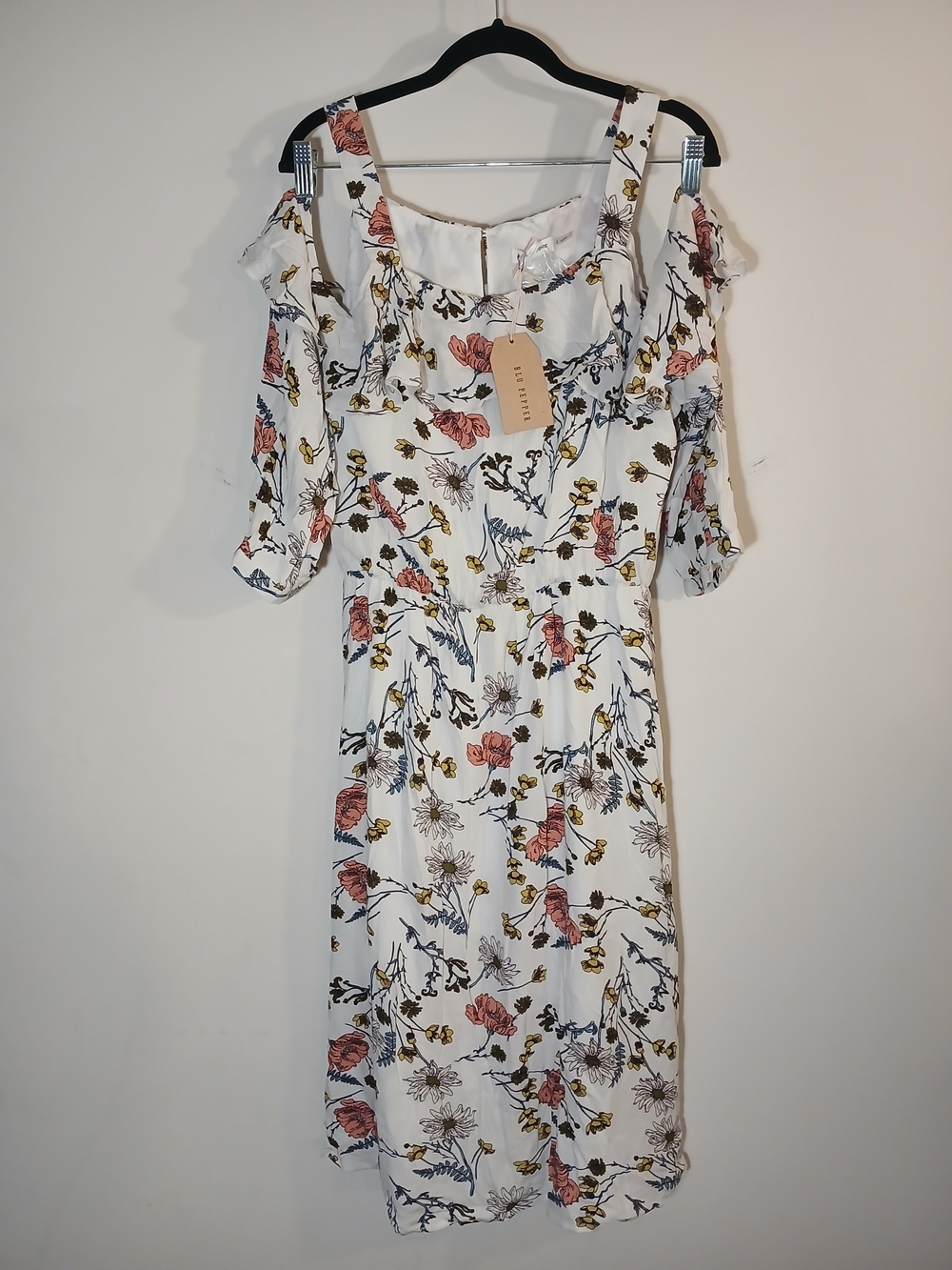 Cold-Shoulder Floral Midi Dress in White with Pink & Yellow Blooms